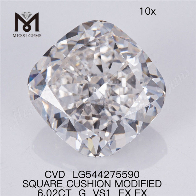 6.02CT G VS1 diamante artificiale a buon mercato SQ CUSHION CUT 6ct bianco sciolto più grande diamante da laboratorio disponibile 