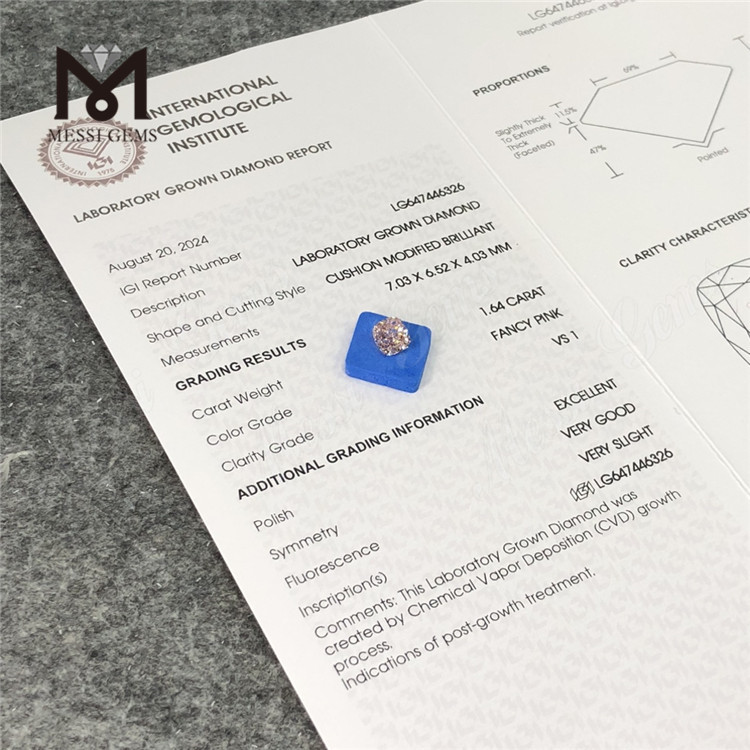 CUSCINO FANCY ROSA VS1 EX VG CVD Diamante sciolto LG647446326 da 1,64 CT 