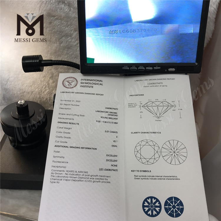 3.07CT E VS1 RD Diamante sintetico CVD da 3 ct LG608379470 per impostazioni personalizzate丨Messigems 