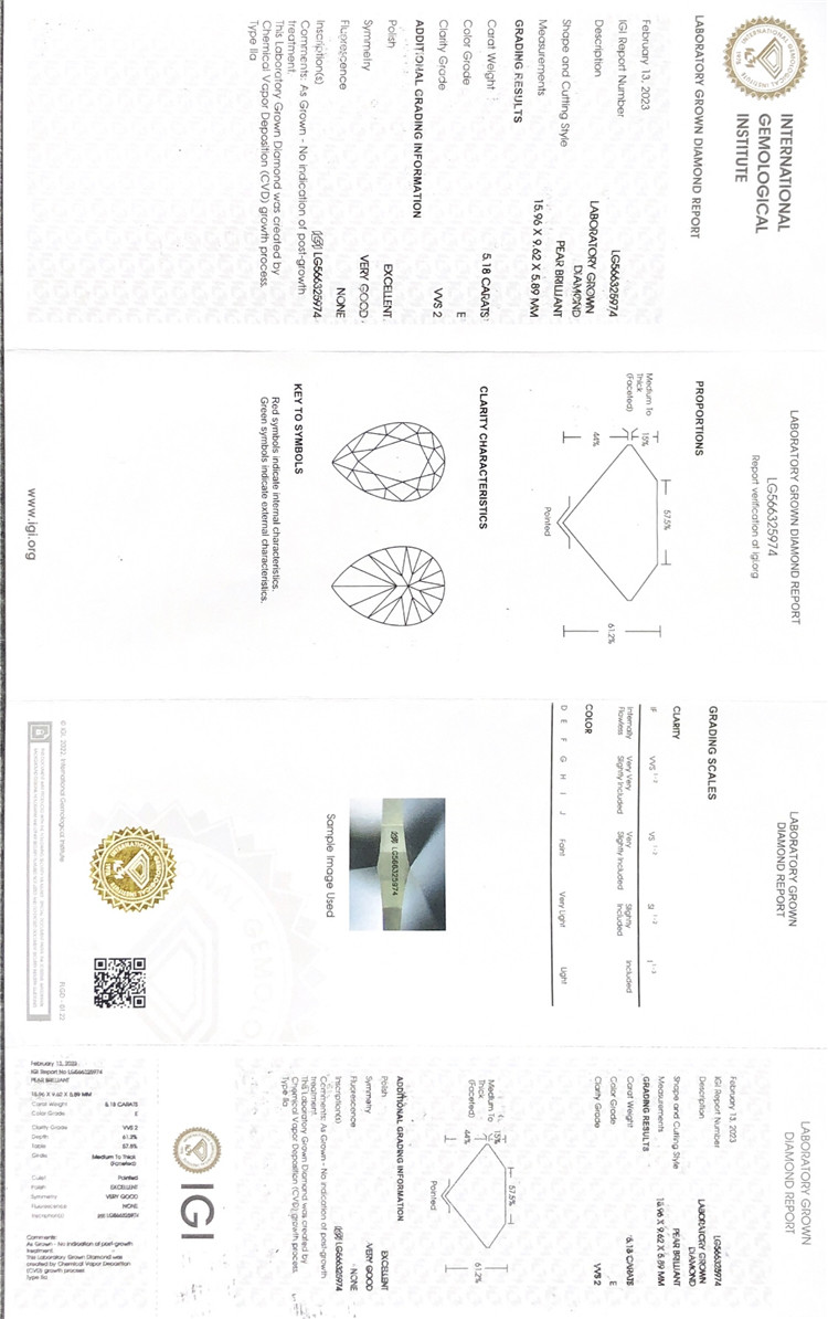 Diamanti coltivati ​​in laboratorio a forma di pera da 5 ct