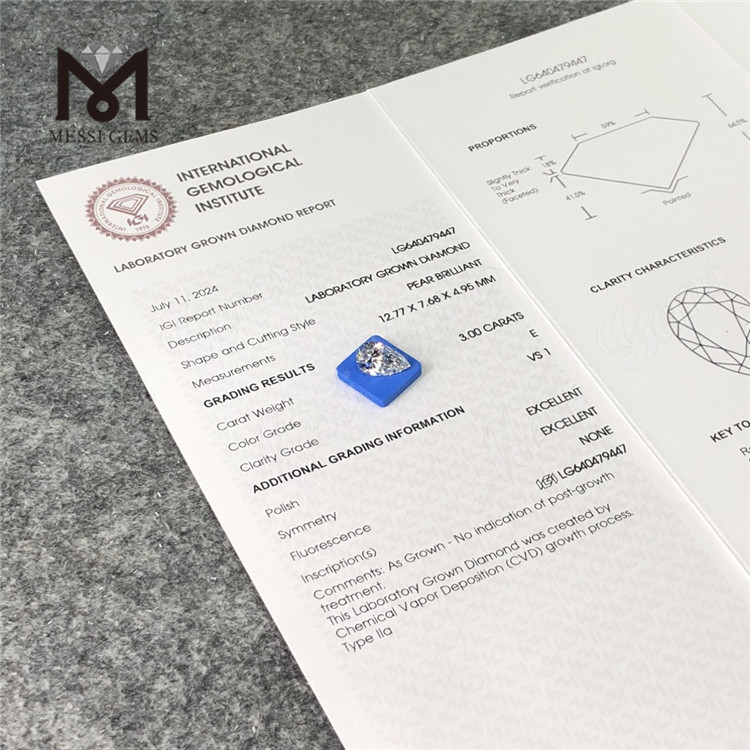 3.00CT E VS1 PEAR diamanti da laboratorio della migliore qualità IGI LG640479447丨Messigems