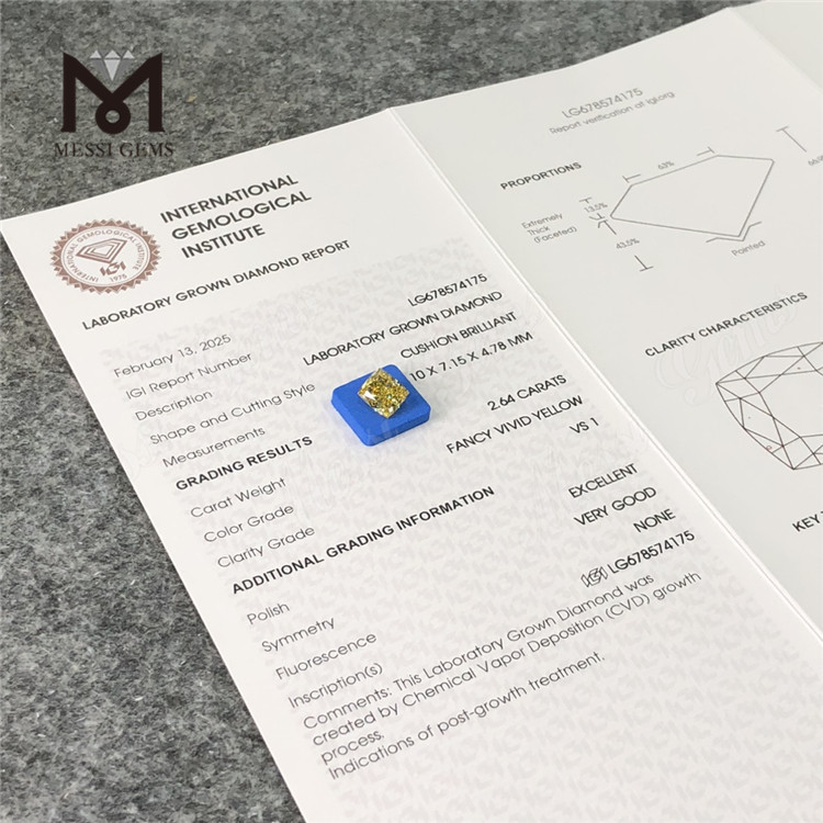 2,64 ct di cuscini laboratorio diamanti coltivati ​​fantasia giallo vivido vs1 ex vg cvd lg678574175